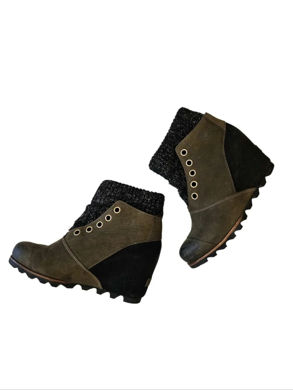 Sorel Joanie Sweater Olive Brown Wedge Ankle Boots Dark Knit Cuff 8.5